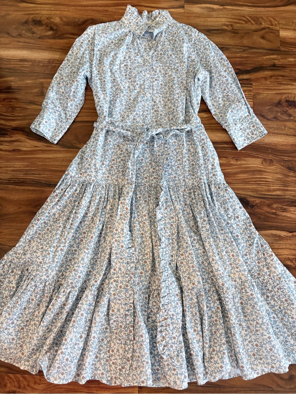 Evi Grintela Women’s Blue Floral Maxi Dress Ruffled Collar & Sash Size XS S
